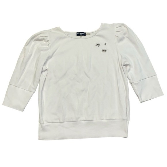 Karl Lagerfeld Paris Size Small Grey Waffle Knit 3/4 Puff Sleeve Pin Accent Top - Picture 1 of 8